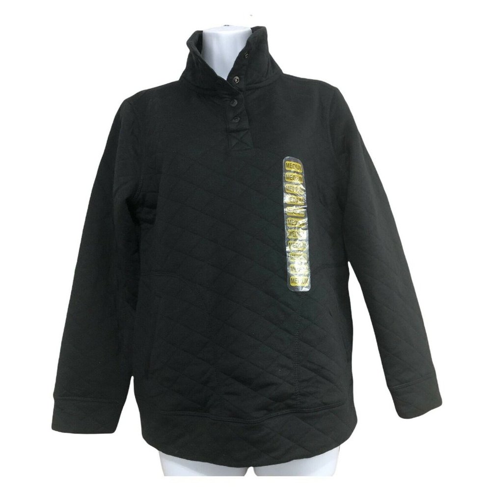 Modern Canvas Quilted Pullover Sweatshirt Size Med Black Mock Neck Snap Closure‎